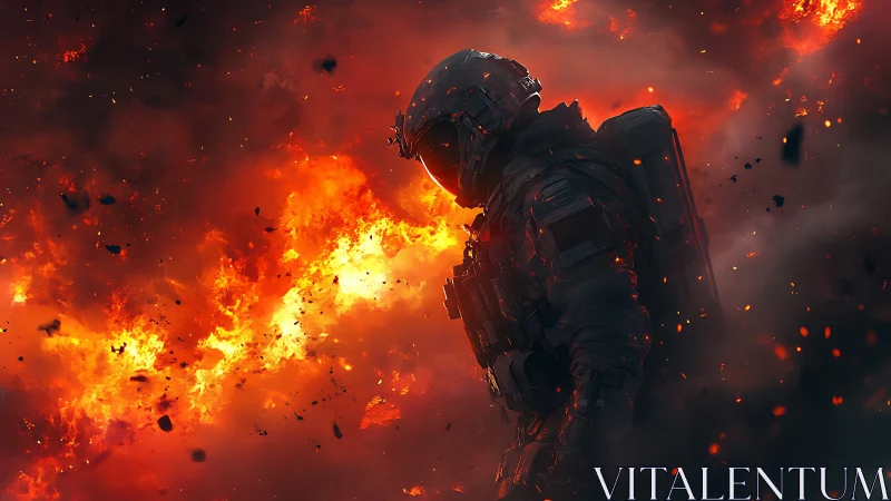 Armored Figure Amid Pyrotechnic Detonation Sequence