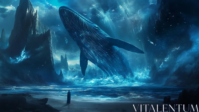 Colossal blue whale ascends above a mystical stormy sea
