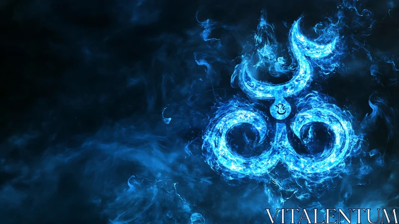 Luminous blue flame sigil swirls through dark vapor field.