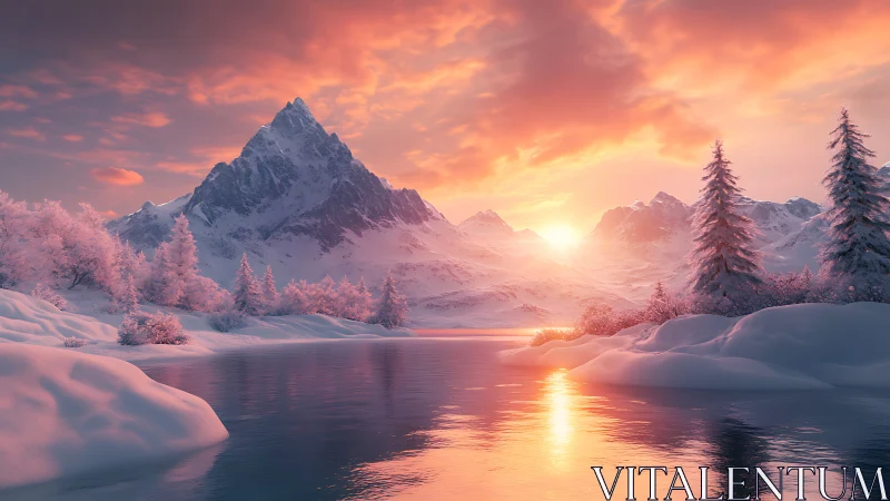 Winter sunrise paints a peaceful mountain lake in soft light