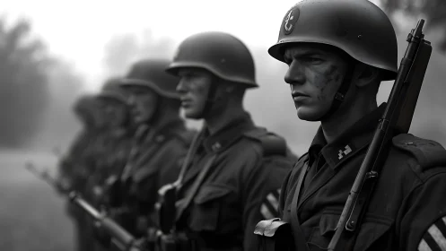 WWII-era soldiers stand in misty formation with rifles ready