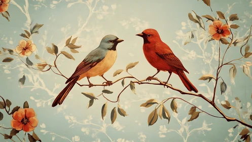 Two Colorful Birds on Floral Branch, Vintage Illustration Style.