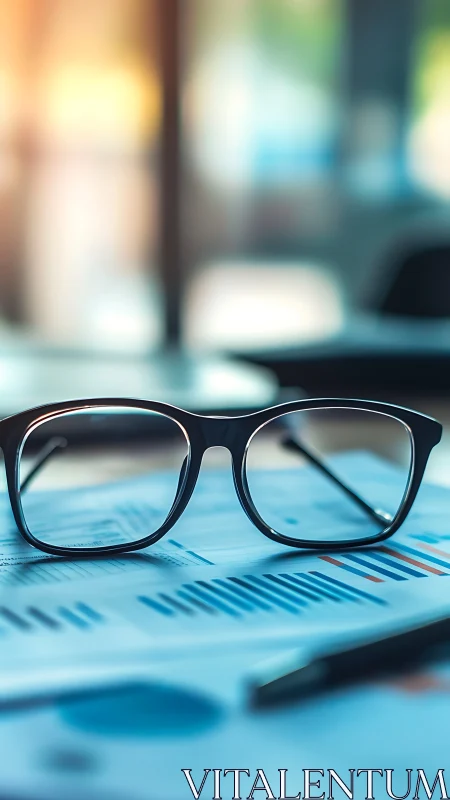Glasses rest on business charts in calm analytic light