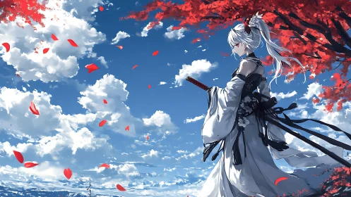 Sword-bearing anime warrior beneath crimson maple sky.