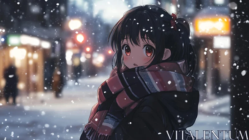 Anime girl in winter street scene under falling snow at night.