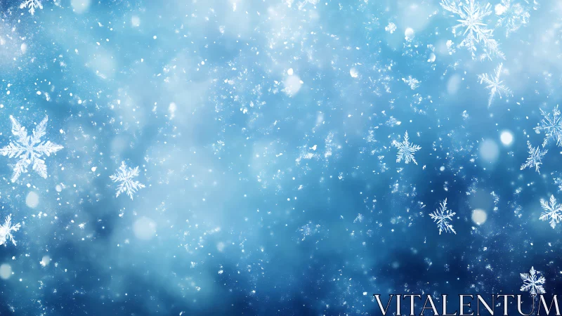 High-contrast macro-style snowflakes over defocused blue bokeh field