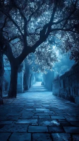 Nocturnal stone walkway under luminous cyan canopy perspective.