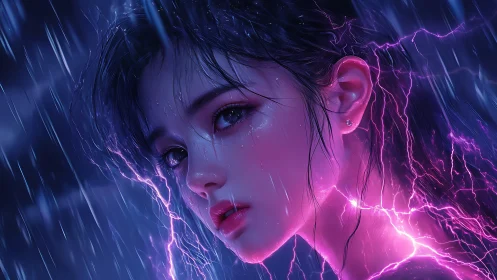 Electric neon girl in storm rain with glowing pink lightning.