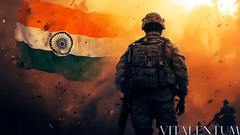 Sunlit Indian tricolor and lone soldier in ember storm.