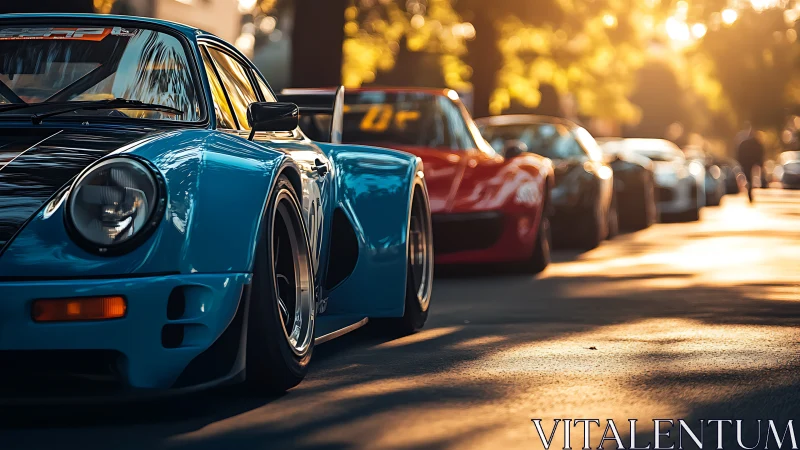 Widebody blue classic race car in golden hour street lineup