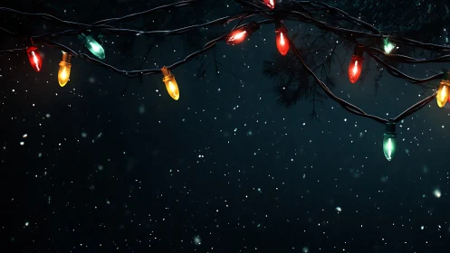 Snowfall illuminated by multicolored outdoor string lights at night