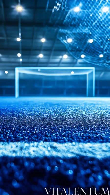 Indoor football goal and blue pitch under bright stadium lights.