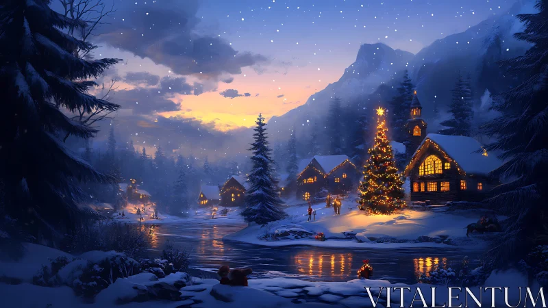 Snowy mountain village glows under twilight Christmas sky