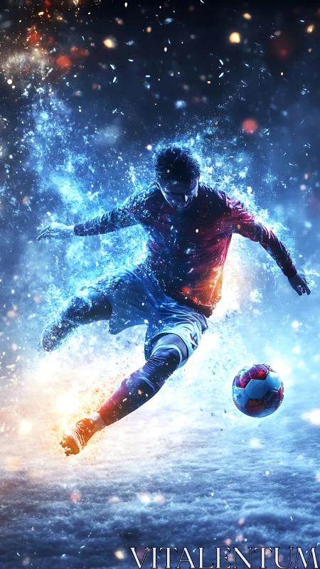 Digital illustration of soccer player striking ball in motion.