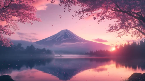 Blossom-framed sunrise lake with a dreamy pink mountain.