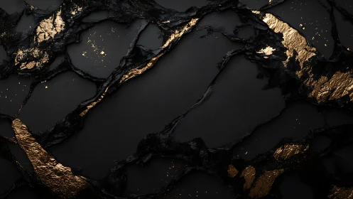 Black fractured surface with molten metallic gold veins