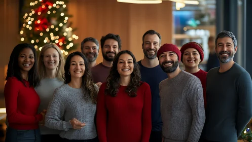 Smiling coworkers celebrate holiday season in modern office.