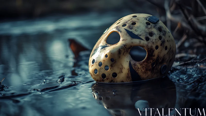 Weathered hockey mask lies abandoned in dark swamp water