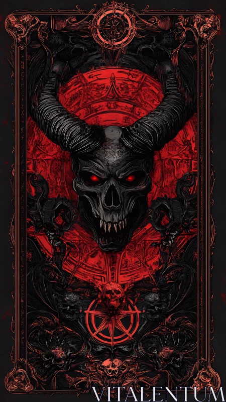 Ornate demonic skull sigil with horns and infernal red halo