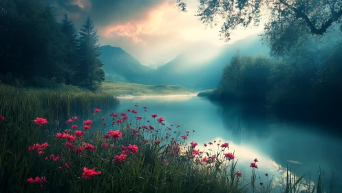 Whispering lake dawn with rebellious pink wildflowers glow.