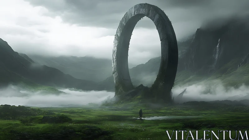 Monolithic Ring Portal in Mist-Laden Valley Environment.