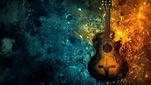 Guitar engulfed in swirling teal and amber abstract fire.