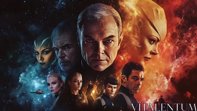 Cinematic sci fi ensemble stares out amid colliding galaxies