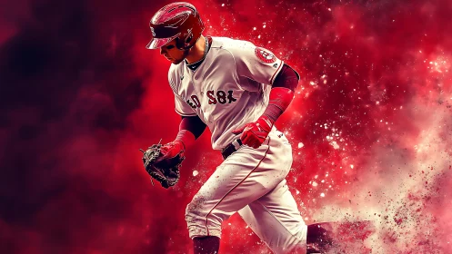 Baseball player in white uniform amid red abstract field.