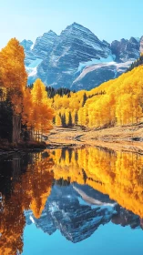 Golden autumn aspens frame calm lake and snowy peaks