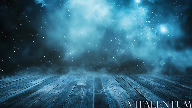 Wooden floor foreground under blue starry space sky.
