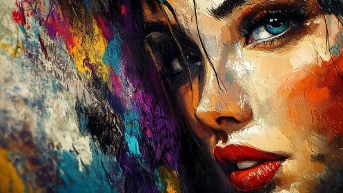 Bold textured portrait of woman with vivid abstract colors.