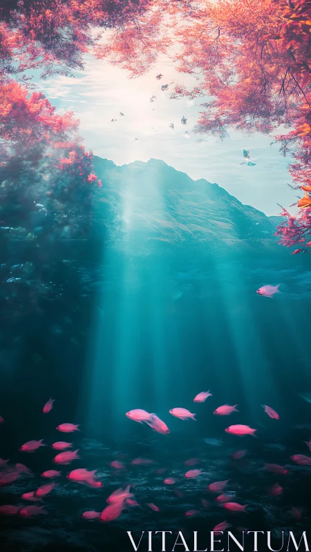 Pink fish swim under teal water with bright surface light