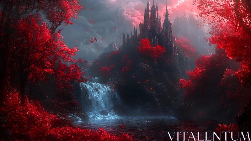 Dark Gothic Castle in Crimson Forest Landscape.