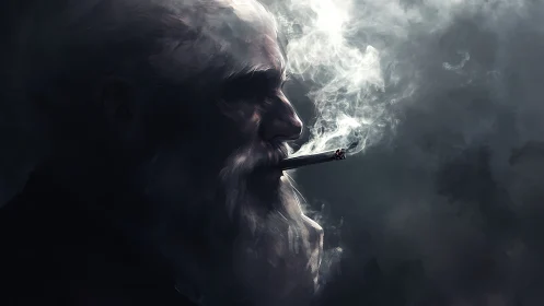 Digital painting portrait of smoking elder in chiaroscuro profile.