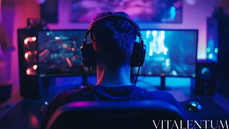 Rear view of person at dual monitors in gaming setup.