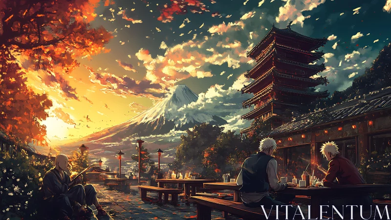 Autumn terrace tableau before Mount Fuji under embered skies.