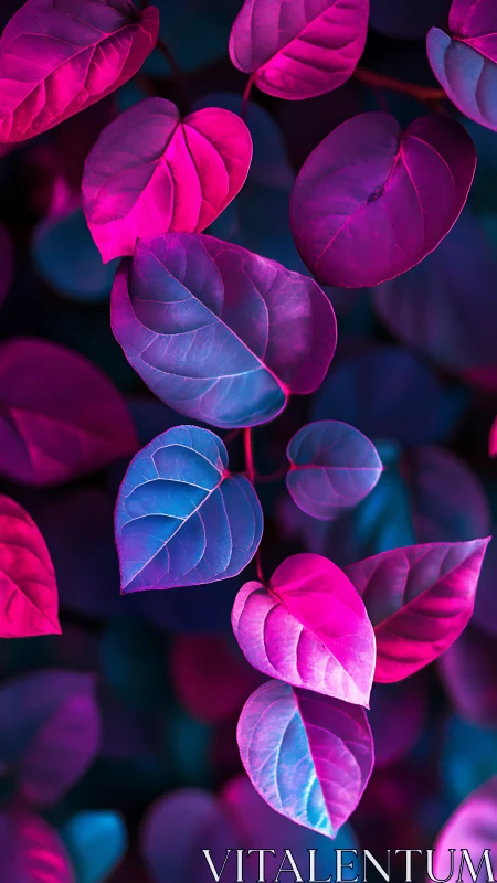 Vibrant neon leaves glow in surreal magenta and cyan light