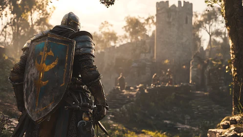 Sunlit armored knight quietly approaches an ancient stone fortress
