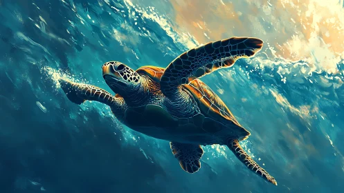 Sea turtle glides through glowing waves in peaceful light