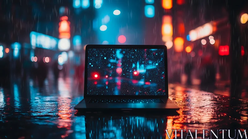 Laptop glows in neon city rain, merging tech with night streets