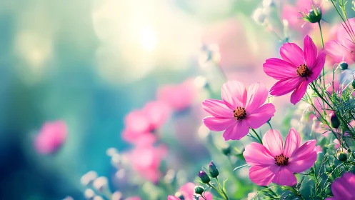 Pink Cosmos Flowers with Bokeh Background in Soft Garden Lighting