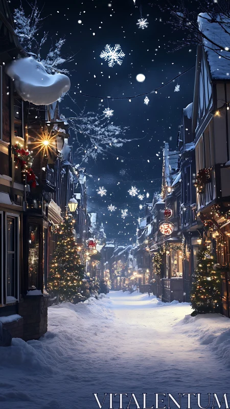 Snow covered night street with festive lights and décor.