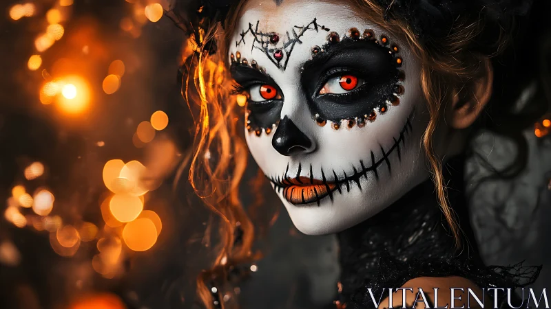Day of the Dead makeup portrait with fiery bokeh glow.
