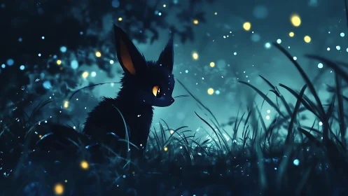 Black fox-like creature in glowing blue night forest scene.