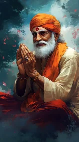 Digital painting portrait of serene elder guru in saffron robes.