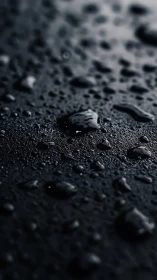 Macro water droplets on dark textured surface in bokeh focus.