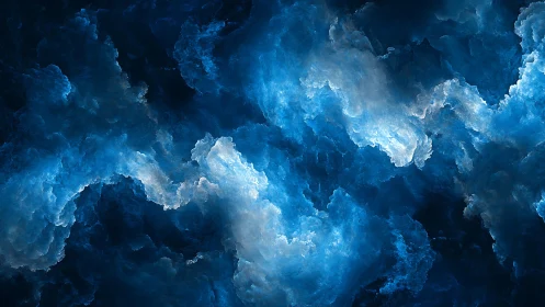 Abstract blue nebula clouds digital art with luminous highlights.