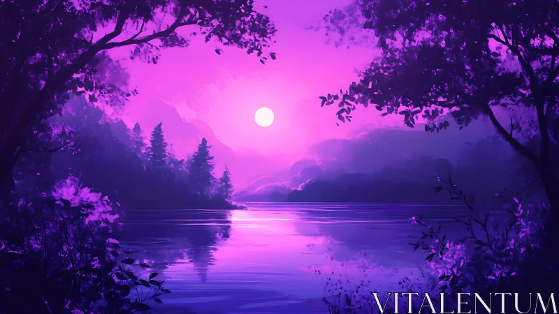 Moonrise over amethyst lake in dream-soaked twilight hush.