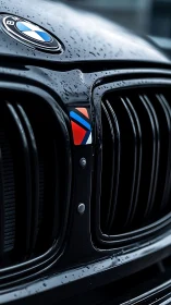 BMW kidney grille closeup with M colors in rain detail.