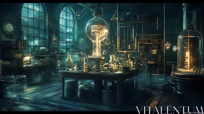 Dimly lit laboratory interior shows complex glass apparatus